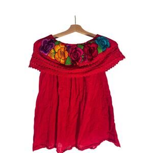 Embroidered Mexican Peasant Blouse Red Off Shoulder Floral Boho Top